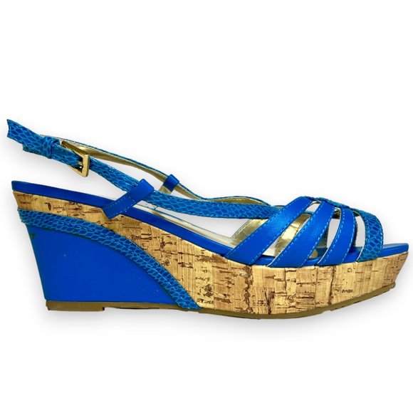Charles David wedge platform snake skin pleather and cork sandals - blue sz. 10 - Picture 2 of 7